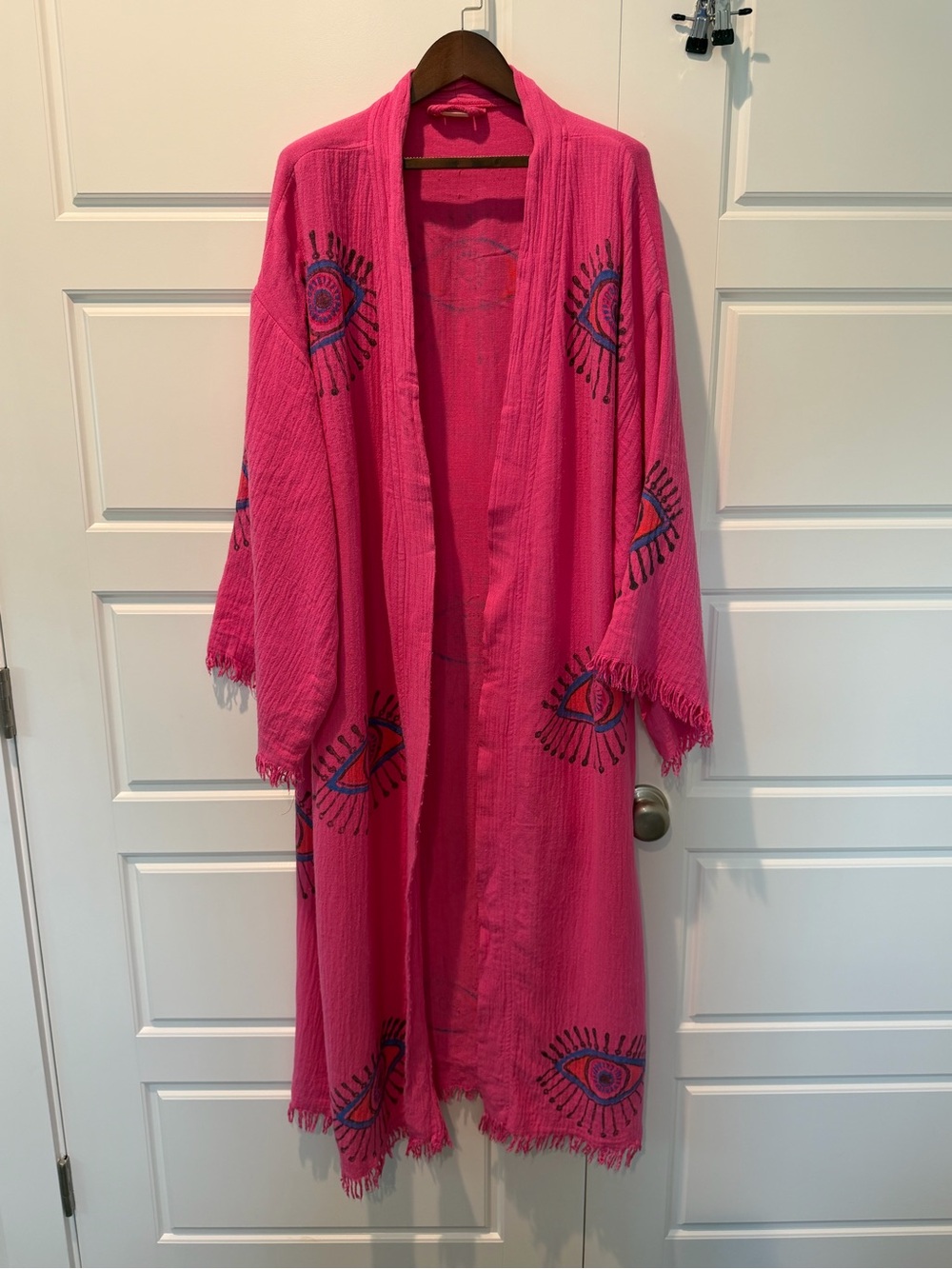 Hot Pink Evil Eye Robe - Handmade Gauzy Cotton Long Fringe Boho One Size Hippie